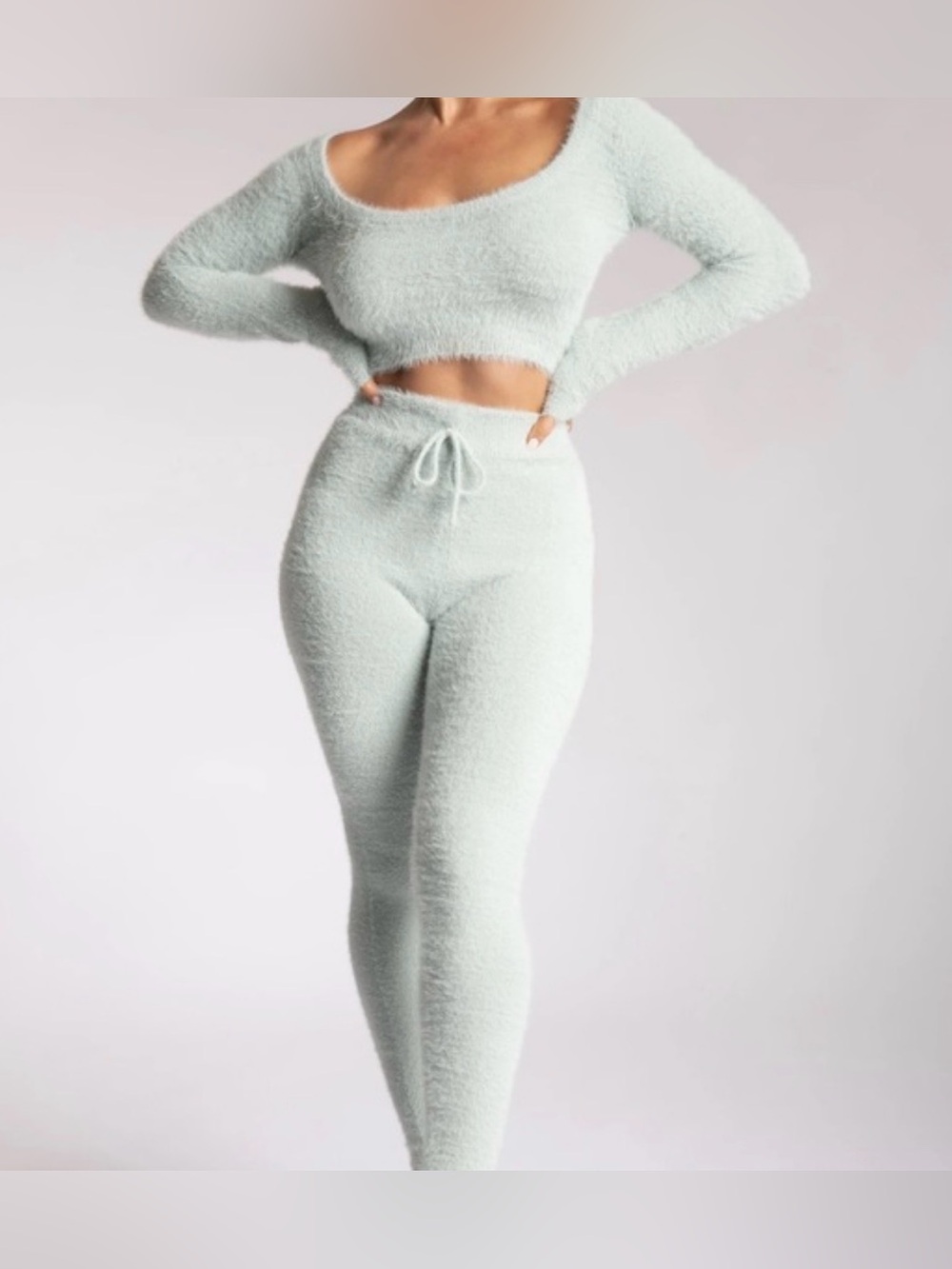 MESHKI Fuzzy Light Sage High Waisted Pants